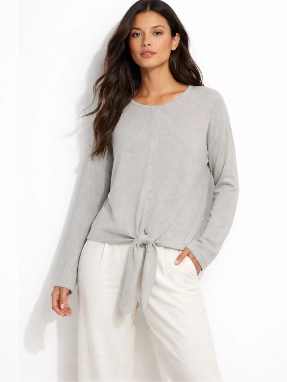 Barefoot Dreams CozyChic Ultra Lite Tie Front Sweater Top M Gray